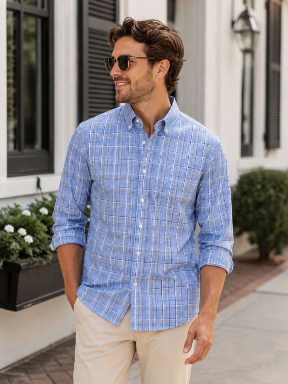Men Long Sleeve Plaid Button-Down Shirt Size Small LIGHT BLUE Geoffrey Beene